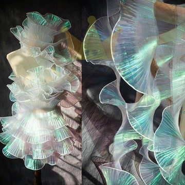 花邊褶皺絲帶 人魚透荷葉邊褶皺大花邊幻彩漸變diy娃衣歐根紗布料裝飾材質輔料/台灣出貨✈✈