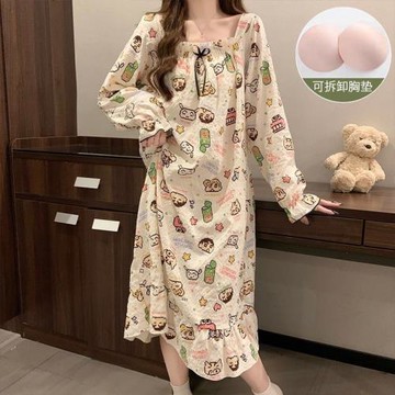 長袖睡裙女2025新款帶胸墊長袖睡裙可外穿睡衣女棉紗秋冬款家居服