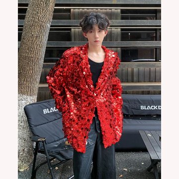 秋裝節日演出舞臺裝小眾亮片反光西服外套男炸街痞帥時尚西裝上衣