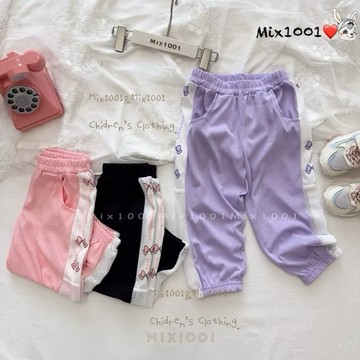 🌈✨mix1001薄 側邊印蝴蝶結洞洞拼接造型棉褲 ✨兒童拼接網洞縮口褲5-17