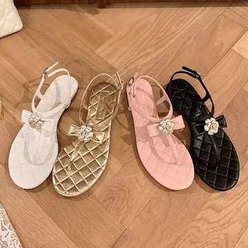 【現貨出清】兩種跟高．小香風蝴蝶結花朵夾腳低跟/平底涼鞋．白鳥麗子