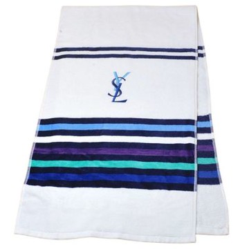 YSL Saint Laurent 刺繡品牌字母LOGO圖騰彩色橫紋長方巾(白底/122CM)