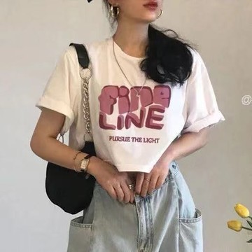 短袖T恤 短袖上衣  寬鬆 短t 夏天衣服 衣服女白色短款學生T恤女夏季新款短袖韓版寬鬆泫雅風高腰ins潮上衣1