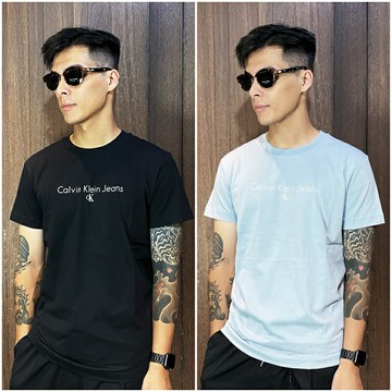美國百分百【全新真品】Calvin Klein 短袖 棉質 T恤 CK 上衣 logo 短T 黑色/淺藍色 CK24