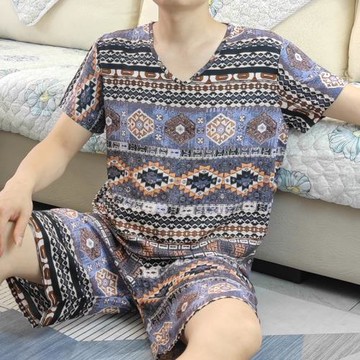 夏季棉綢睡衣男士短袖套裝大碼薄款寬松青年人造綿綢家居服可外穿