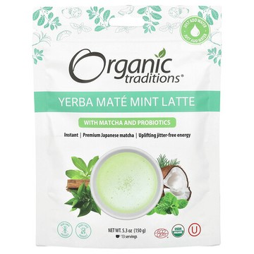 Organic Traditions, 馬黛茶薄荷拿鐵咖啡含抹茶和益生菌，5.3 盎司（150 克）
