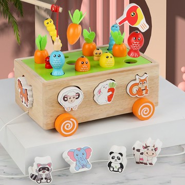 木製兒童益智玩具 形狀配對認知積木 智力拔蘿蔔 釣魚抓蟲動物積木車 益智玩具