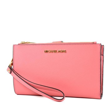 MICHAEL KORS 金字小LOGO防刮皮革對折釦式手掛手拿手機包-玫瑰茶粉