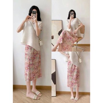 三宅藝創外貿夏小香風套裝女休閑不規則寬松上衣百褶碎花半裙搭配