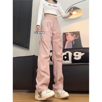 櫻花粉色沖鋒褲女防水防風褶皺柳釘傘兵褲子美式hiphop戶外工裝褲