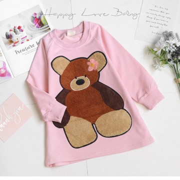 立體小花泰迪熊長版上衣 秋冬童裝 女童洋裝 女童長袖 女童棉T 長袖洋裝 秋冬洋裝 長版上衣
