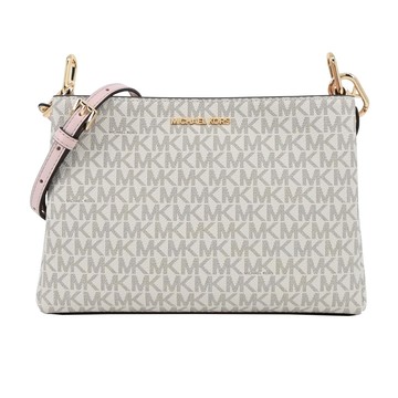 MICHAEL KORS TRISHA金字LOGO滿版三層斜背包-米白_廠商直送