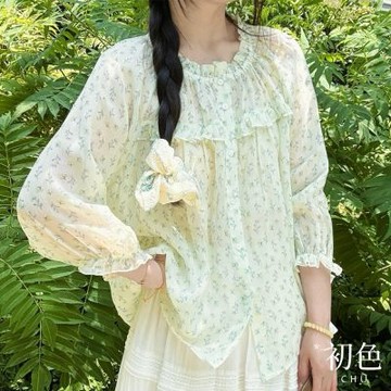 初色 亞麻風休閒寬鬆輕薄圓領排扣花邊碎花落肩七分袖襯衫上衣女上衣-花色-50291(M-2XL可選)