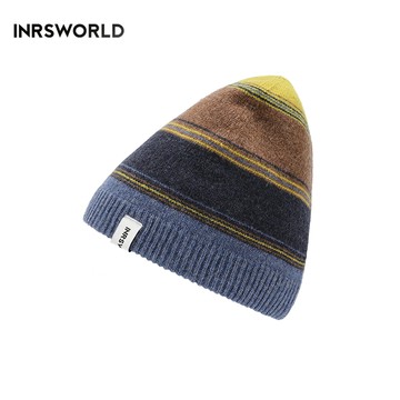 毛線帽【ISW】悉心界橫條無翻邊毛線帽-藍 男女可戴