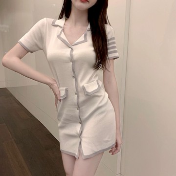 純欲風條紋短袖翻領針織連衣裙女夏季新款修身顯瘦性感包臀短裙子