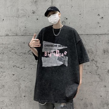 短袖t恤男夏季水洗做舊重磅高街潮牌美式復古寬松大碼五分袖體恤