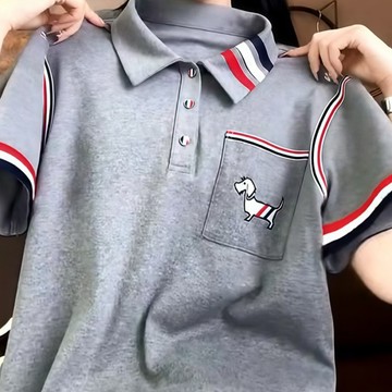【純棉 POLO 女】純棉Polo領白色小狗印花條紋短袖T卹女夏季新款洋氣休閒上衣