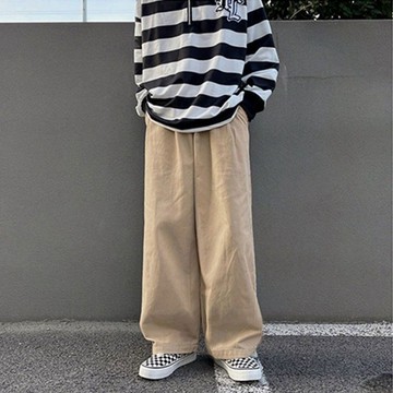 男長褲 休閒純棉斜紋直筒褲 【S-5XL】素色褲子男ins寬松高街闊腿拖地褲 潮流闊腿運動休閑設計感九分褲 L255