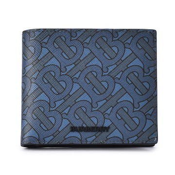 BURBERRY 巴寶莉  滿版TB花押字LOGO帆布對折短夾-海軍藍色