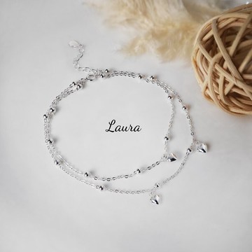 腳錬-蘿菈精品laura- s925純銀 愛心雙鍊造型 時尚-小資女 純銀腳鍊 抗過敏