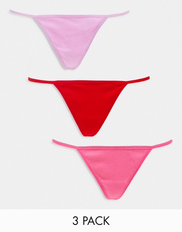 ASOS DESIGN 3 pack cotton rib t-back thong in pinks-Multi