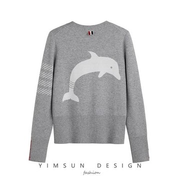 后背海豚提花針織衫長袖條紋v領開衫外套男女同款秋冬新款上衣