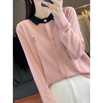 打底衫女2026新款春秋洋氣繡花翻領薄款針織上衣大碼女裝秋冬毛衣