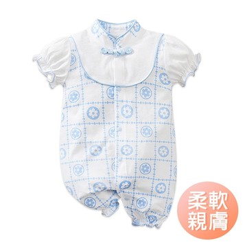 短袖包屁衣 寶寶短袖連身衣 爬服 透氣童裝 藍色花格嬰兒服-雪倫小舖