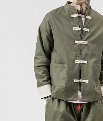 FINDSENSE H1秋季 新款 文藝 復古風 盤扣撞色純色 大碼 長袖開衫夾克   個性獨特外套 潮男外套