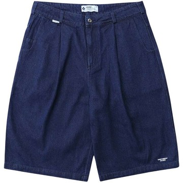 B-SIDE BARREL LEG ONE WASH JORTS 丹寧抓褶 過膝闊腿褲 (藍色)