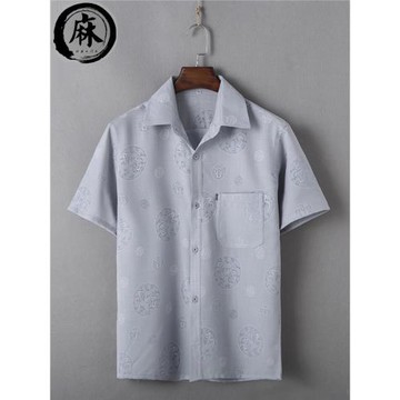 中老年夏季男薄款中國風棉麻短袖翻領上衣爸爸裝60-70歲亞麻襯衫