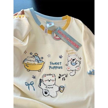 今年流行刺繡可愛小貓別致撞色短袖t恤女夏新爆款重磅設計感上衣