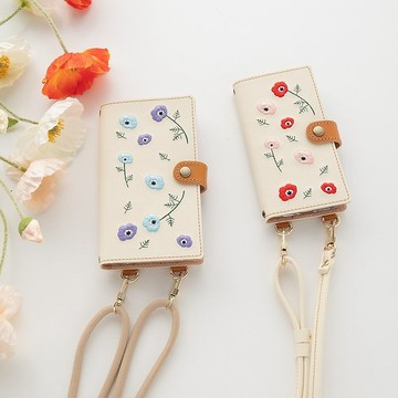 全型號對應 手帳型手機殼 刺繡銀蓮花 真皮斜背 A200I