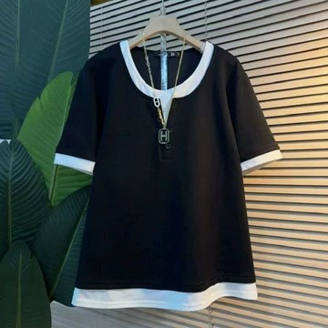 胖胖美依 短袖上衣 素色上衣 T恤衫 中大尺寸M-3XL新款通勤風假兩件拼接短袖寬鬆中長款圓領顯瘦百搭上衣-14090.