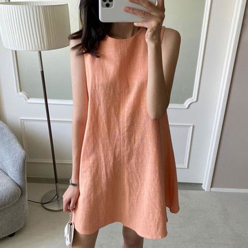 韓國chic夏季簡約氣質圓領寬松休閑純色無袖棉麻背心連衣裙短裙女