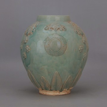 遼 三彩古窯綠釉罐子 浮雕工藝博古家居裝飾古玩收藏老物件擺件