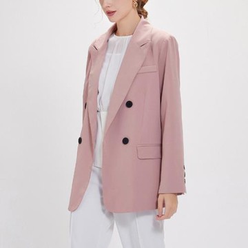 粉色西裝領雙排扣外套女2025年秋裝新款設計感收腰設計感短款西裝