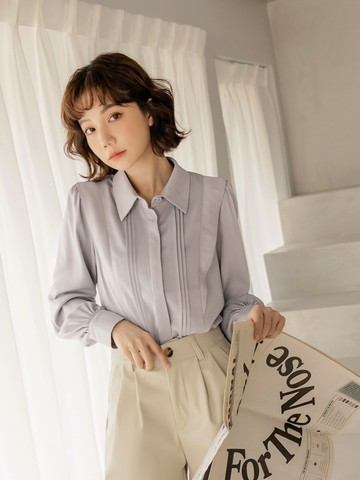 質感純色翻領造型車褶上衣/襯衫