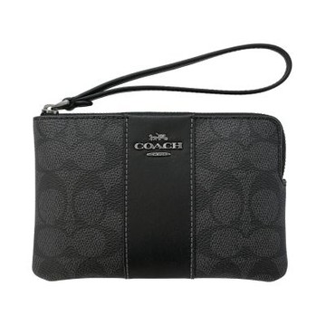 COACH C Logo PVC拼接皮革掛帶L型拉鍊萬用手拿包(黑色/炭灰)