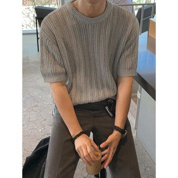 MRCYC設計感鏤空針織衫T恤男夏季寬松圓領短袖韓系潮流百搭半袖