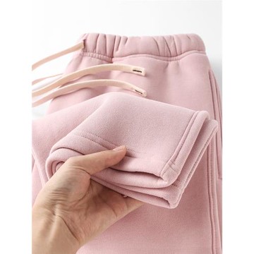 爛漫茱萸粉！多巴胺baby粉重磅加絨直筒衛褲女秋冬寬松休閑闊腿褲