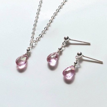 粉色拓帕石 925純銀項鍊耳環 精緻套組