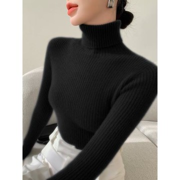 高領毛衣女秋冬加厚修身新款配大衣的內搭加絨緊身黑色針織打底衫