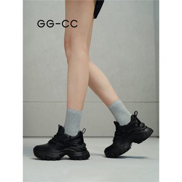 GGCC時尚厚底老爹鞋女夏季新款黑色增高真皮運動休閑鞋子女