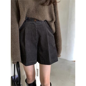 棕色燈芯絨短褲女小個子闊腿褲褲子黑色休閑褲顯瘦外穿咖色五分褲