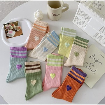🧦台灣現貨實拍🧦378#雙層條紋愛心中筒襪 小腿襪 襪子 長襪 中筒襪 襪子中筒襪 小腿襪 中筒襪女 動物襪 素襪 襪子