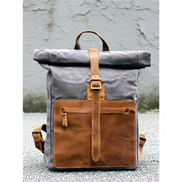 復古旅行小眾帆布純色機車背包豎款青年電腦包多口袋兩用雙肩包