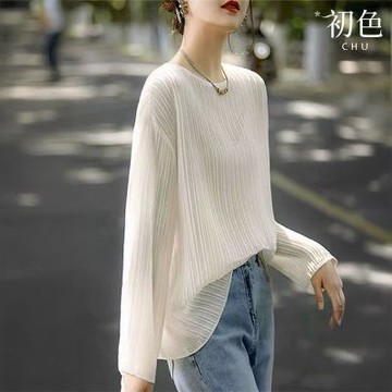 初色 簡約文藝風柔軟寬鬆皺褶純色圓領長袖T恤上衣女上衣-白色-13184(M-XL可選)