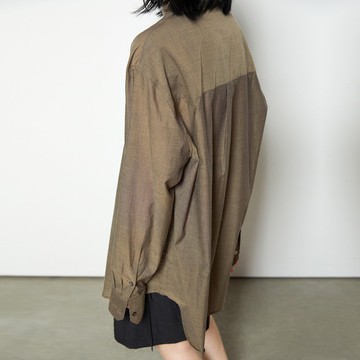 日本進口光澤雙色紗棉煙草黃寬松中長款長袖廓形襯衫 杲果GAOGUO