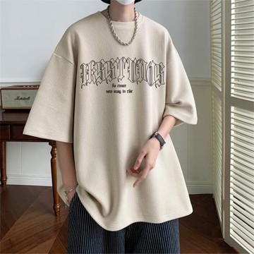 華夫格短袖男夏季薄款寬松圓領t恤美式復古重磅體恤衫男士半截袖